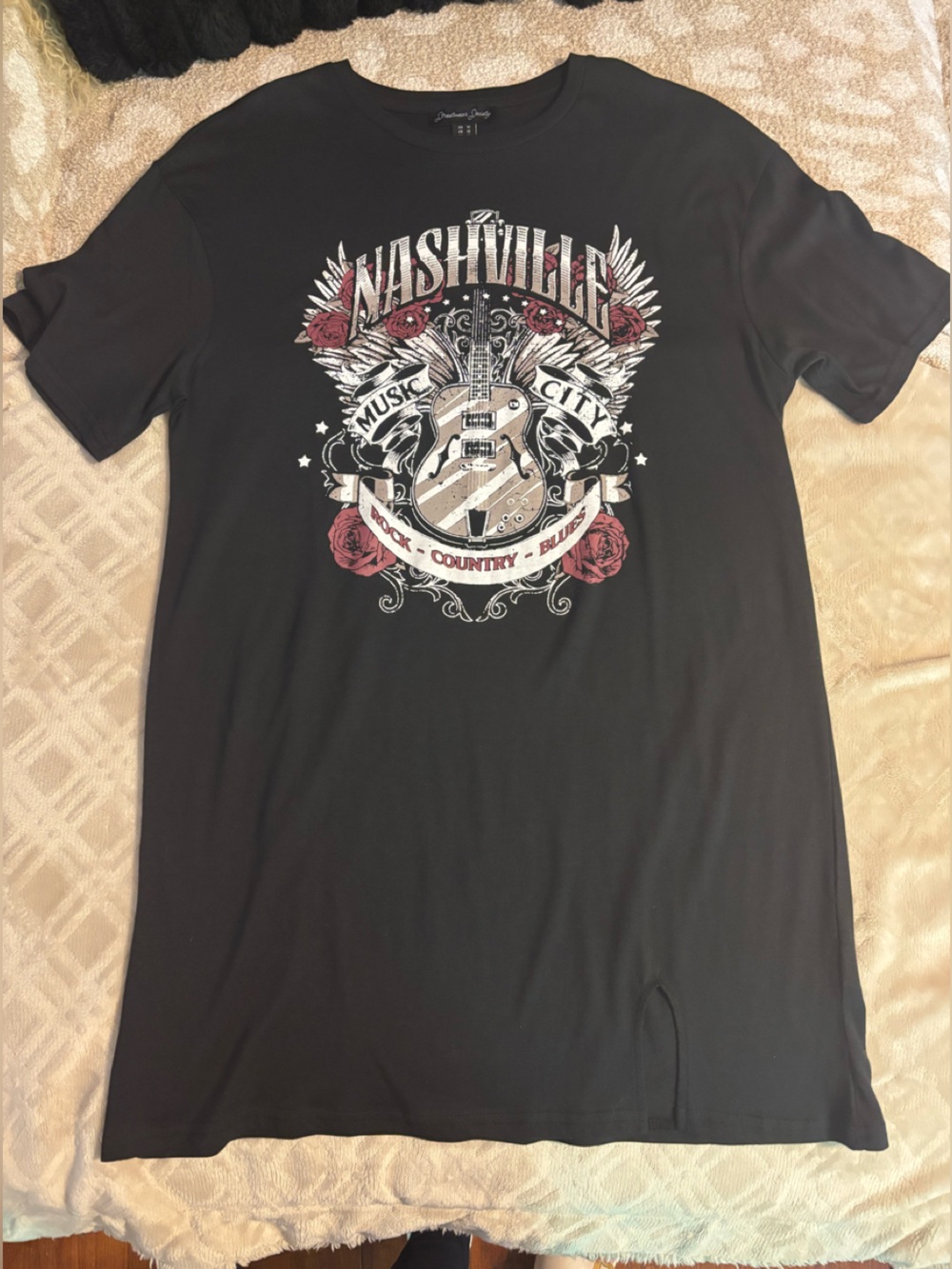 Streetwear Society Black Tee Shirt Dress with Nashville Guitar & Rose Graphic